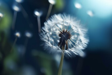 A dandelion swaying on a blue backdrop with a blurred foreground dandelion image. Generative AI