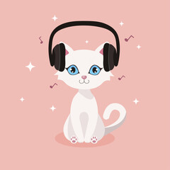 white cat with headphones - vector illustration