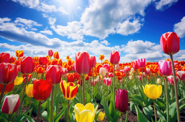 Beautiful tulip field in a sunny day