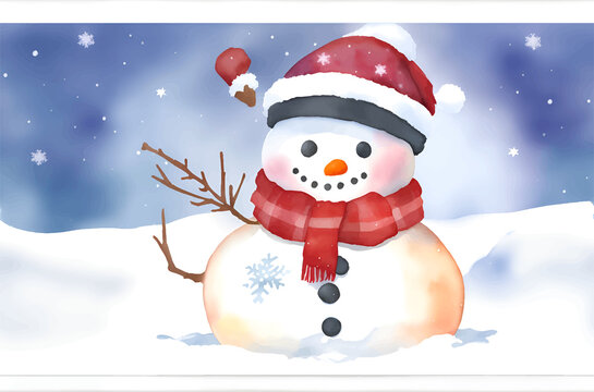 Winter watercolor Christmas greeting card with cute snowman, Christmas card, Copy space, new year