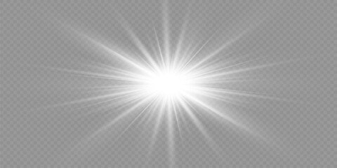 White glowing light explodes on a transparent background. with ray. Transparent shining sun, bright flash. Special lens flare light effect.	