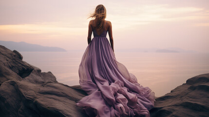 Fototapeta na wymiar Backside of a woman in a light purple long dress