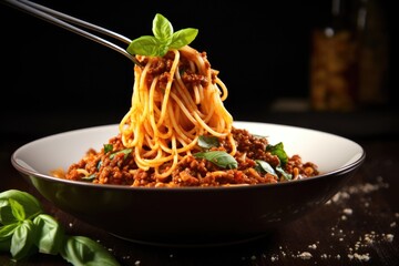 a bowl of spaghetti bolognese with a fork twirling pasta