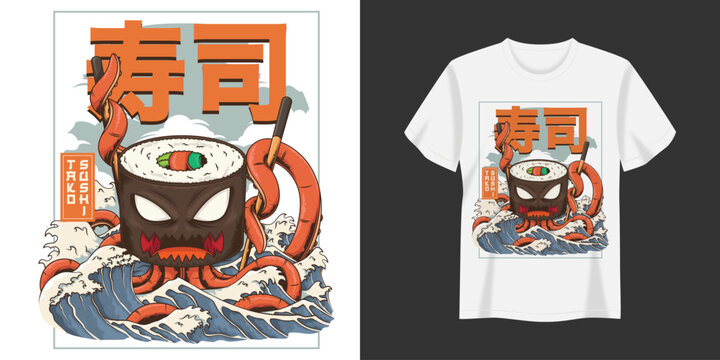 Vector Sushi Monster Illustration T-shirt and Apparel Printing Design