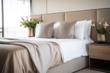 close-up of a modern bed with beige linens in a furnished bedroom