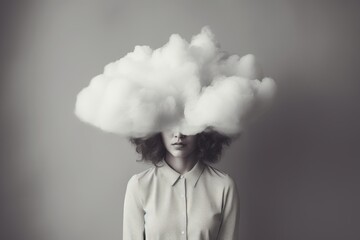 woman with cloud over his head depicting solitude and depression, abstract concept of loneliness and anxiety, isolated on gray background - obrazy, fototapety, plakaty