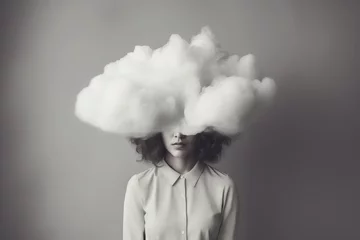 Poster woman with cloud over his head depicting solitude and depression, abstract concept of loneliness and anxiety, isolated on gray background © Rzk
