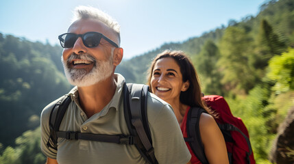 Happy senior hispanic couple hiking in a national park