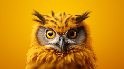 Majestic Owl Posing for Studio Portrait on Yellow Backdrop