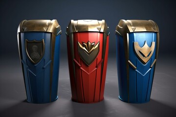 3D-rendered recycling trash cans with shield. Generative AI