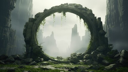 Ancient round stone portal gateway, monolithic ruins structure undiscovered for millennia, situated in remote misty mountains, fantasy dimensional rift going to unknown worlds. 