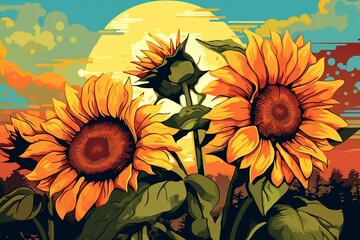 retro-style illustration of sunflowers. Generative AI