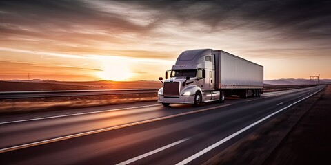 Fototapeta na wymiar Sunset view. Long trucking on open road. Freight transportation at dusk. Semi truck on highway. Truckers at sunrise. Cargo shipping on interstate