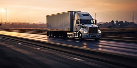 Sunset view. Long trucking on open road. Freight transportation at dusk. Semi truck on highway. Truckers at sunrise. Cargo shipping on interstate