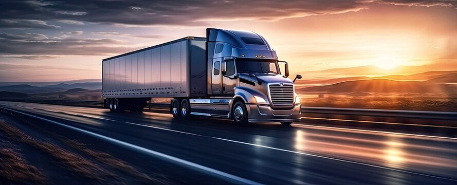 Sunset View. Long Trucking On Open Road. Freight Transportation At Dusk. Semi Truck On Highway. Truckers At Sunrise. Cargo Shipping On Interstate