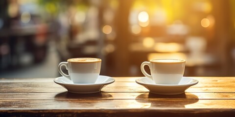 Fototapeta premium Cappuccino coffee with a white cup with a blurred cafe background can be used for your business