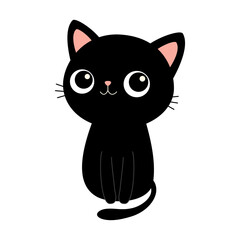 Cute black cat. Kitten sitting. Pink ears, nose. Cartoon funny character. Kawaii sad kitty baby animal. Love. Black silhouette sticker. Flat design. White background. Isolated.