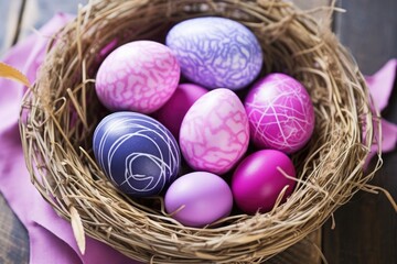 Fototapeta na wymiar purple and pink easter eggs in a nest