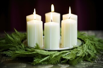 white advent candles on a green wreath