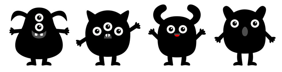 Fototapeta premium Happy Halloween. Cute black monster set line. Monsters with different emotions. Hands, legs. Funny face head. Cartoon kawaii boo baby character. Childish collection. White background. Flat design.