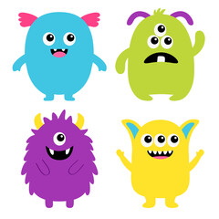 Monster colorful silhouette icon set. Happy Halloween. Eyes, tongue, tooth fang, hands up. Cute cartoon kawaii scary funny baby character. White background. Isolated. Flat design.