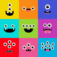 Cute monster face head set banner. Happy Halloween. Nine square monsters. Spooky Smiling Boo screaming sad face emotion. Eyes, tongue, teeth fang, mouse. Flat design style. Baby kids background.