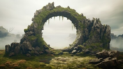 Ancient round stone portal gateway, monolithic ruins structure undiscovered for millennia, situated in remote misty mountains, fantasy dimensional rift going to unknown worlds.  - obrazy, fototapety, plakaty
