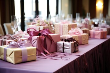 a gift table adorned with presents at a wedding reception - obrazy, fototapety, plakaty