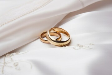 two wedding rings resting on a white satin pillow