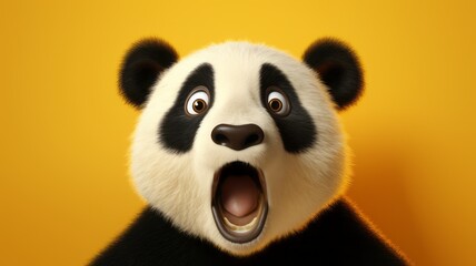 Shocked panda with big eyes isolated on yellow