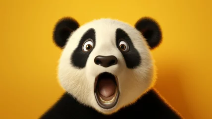 Poster Im Rahmen Shocked panda with big eyes isolated on yellow © jesica