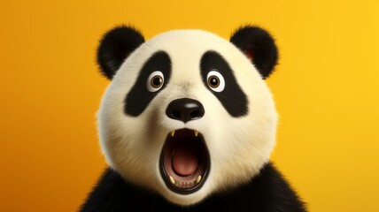 Astonished Panda with Enormous Eyes Isolated on Vibrant Yellow Background