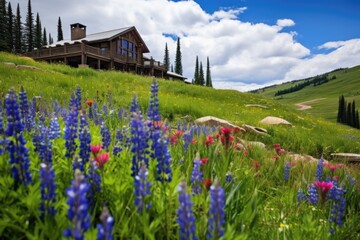 a mountain lodge surrounded by a variety of wildflowers