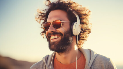 Caucasian man wearing headphones listening to music outdoors. AI - obrazy, fototapety, plakaty