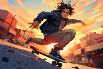 Foto op Aluminium anime style illustration, a man skateboarding © Yoshimura