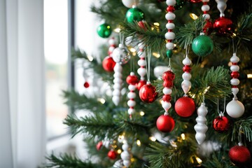 red, white, and green ornaments on a festive tree