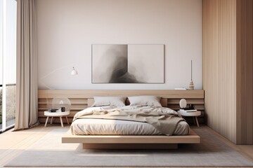minimal scandinavian bedroom interior of hotel room or apartment