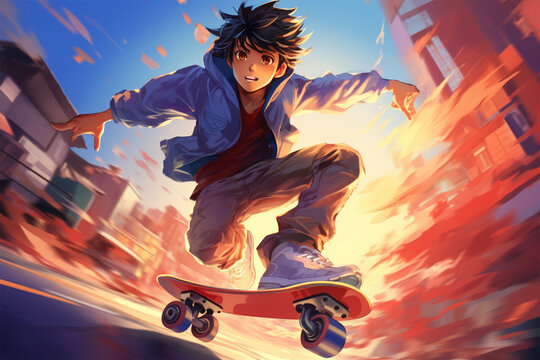anime style illustration, a man skateboarding
