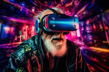 senior guy wearing virtual reality headset neon colors. Hipster elderly man with gray hair beard in VR glasses. Augmented reality and NFT concept. 