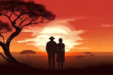 silhouette of senior couple looking at sunset at safari trip in Africa