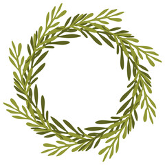 Green Laurel wreath. Vector illustration of a round wreath of tree branches with green leaves isolated on a white. Color botany border with copy space for text. Wedding, Easter template for postcard