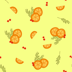 Christmas and Happy New Year seamless pattern. Christmas tree, Red berries and tangerines. New Year symbols. Vector Flat cartoon illustration, Holiday Design for Wallpaper, Wrapping paper, Banner.