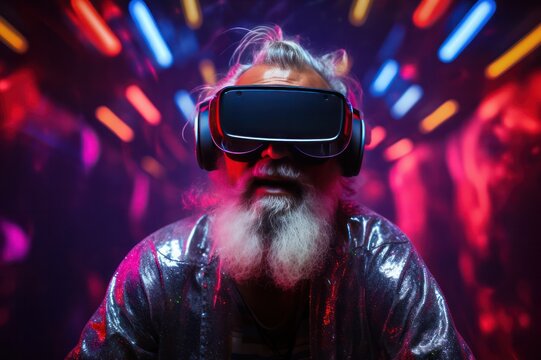 senior guy wearing virtual reality headset neon colors. Hipster elderly man with gray hair beard in VR glasses. Augmented reality and NFT concept. 
