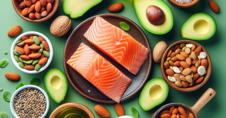 Keto diet nuts seeds salmon avocado eggs green background Top view