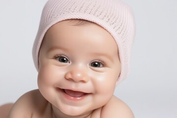 Beautiful sweetheart happy cute smiling baby on light background. Generative AI