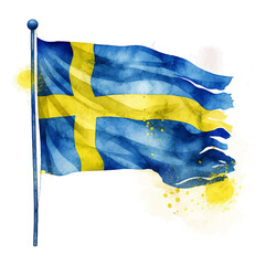 Watercolor illustration of Waving tattered flag of Sweden with maple red leaf. Svenska flag