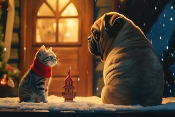Cat and dog look at each other friendly on Christmas decorated porch.