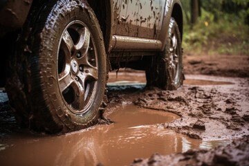 Fototapeta na wymiar wheels of a vehicle getting stuck in deep mud