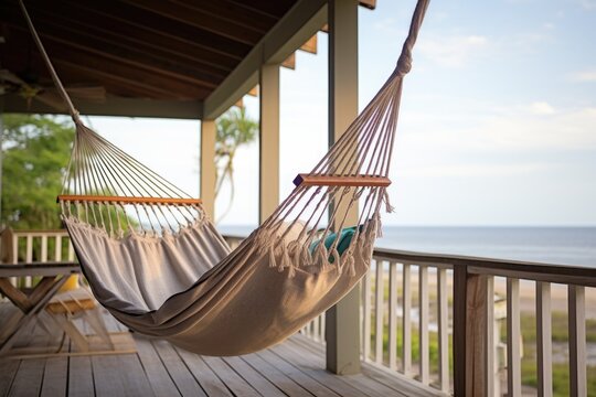 hammock hanging on the porch of a beach house