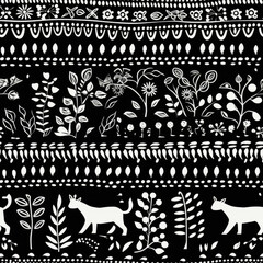 Cat zentangle doodle black and white monochrome repeat pattern - obrazy, fototapety, plakaty